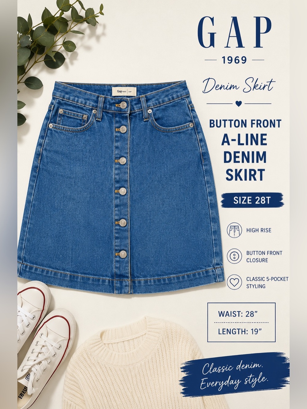 GAP High-Rise Blue Button-Front Denim Mini Skirt 28 tall